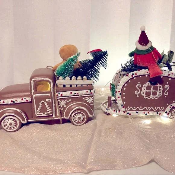 Christmas Gingerbread Retro Ceramic Truck & Wood Camper Clay Handpainted